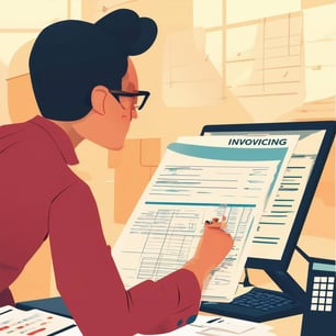 a cartoon style image of an accountant doing invoicing