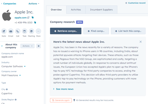HubSpot CRM Research Card