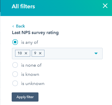 Filtering contacts based on their NPS score