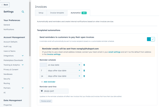 Automated email reminders for invoices