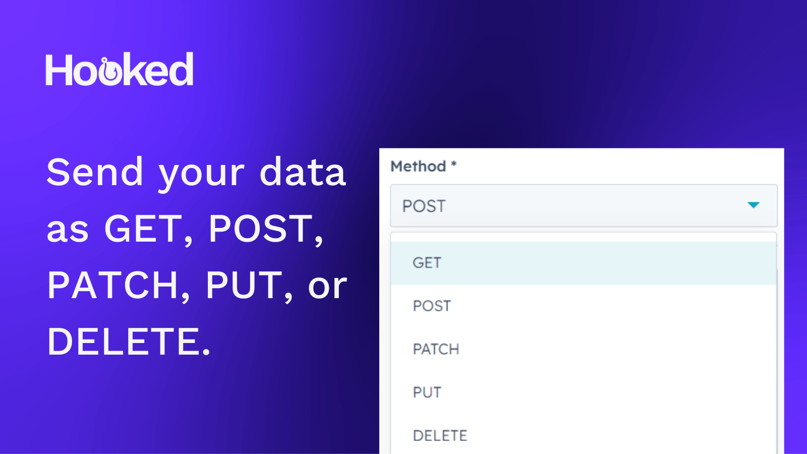 send your data as GET, POST, PATCH, PUT, or DELETE.