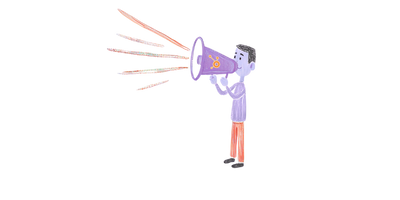 A cartoon man with a megaphone, talking about HubSpot.